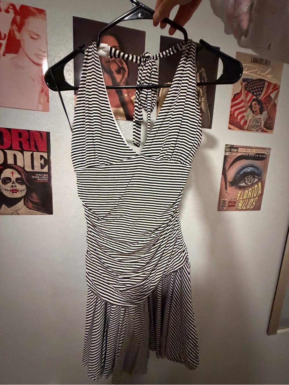 Striped Black & White Sleeveless Halter Dress